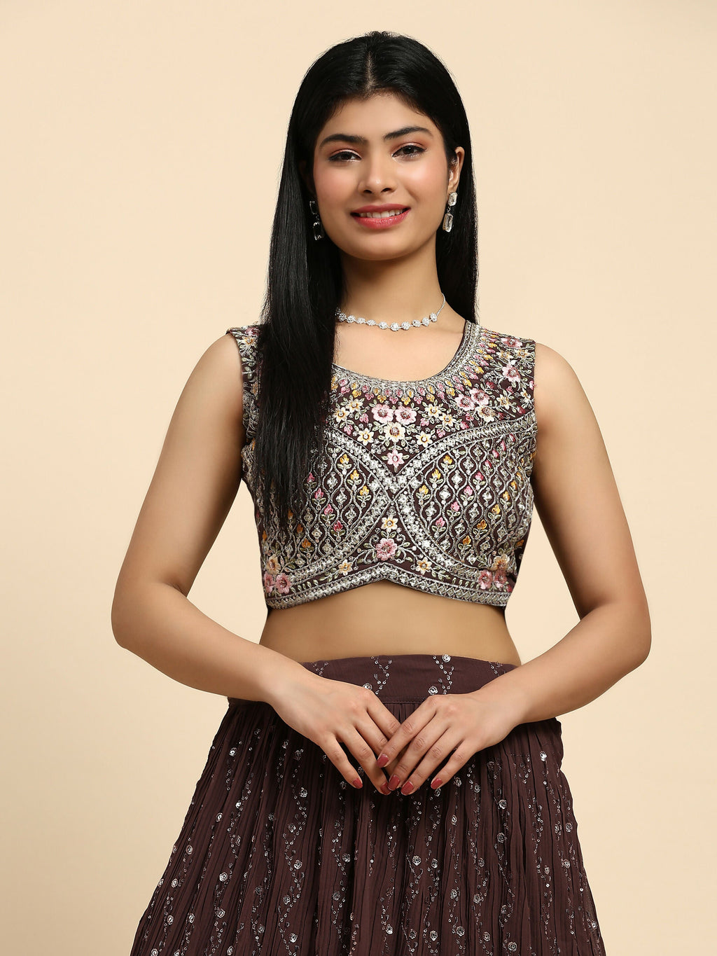 Brown Georgette Embroidered Lehenga choli with Dupatta - Dhara | Grocsy