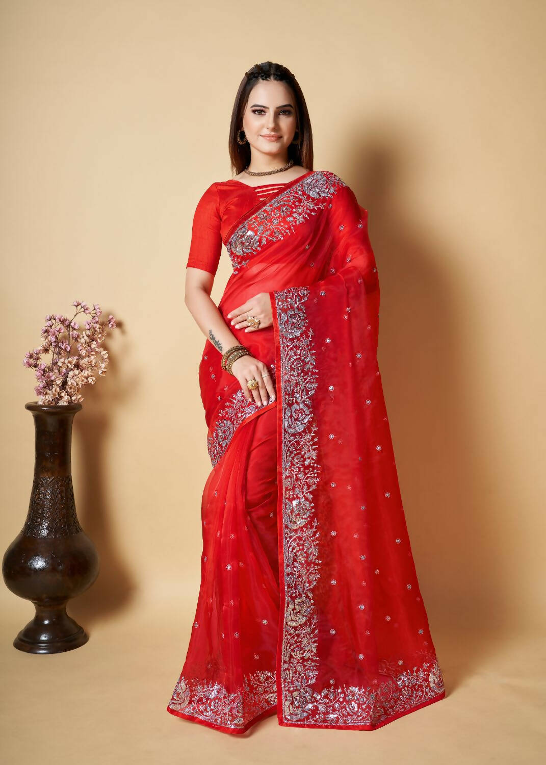 Vamsee Red Organza Saree | Grocsy