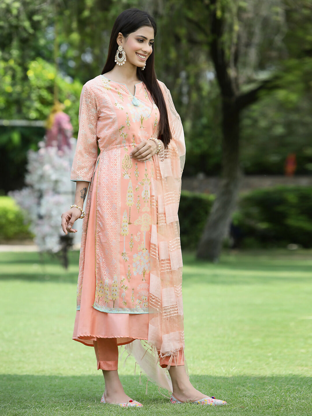 Juniper Orange Ethnic Motif Printed Georgette Kurta Pants & Dupatta Set With Tassels & Lace | Grocsy