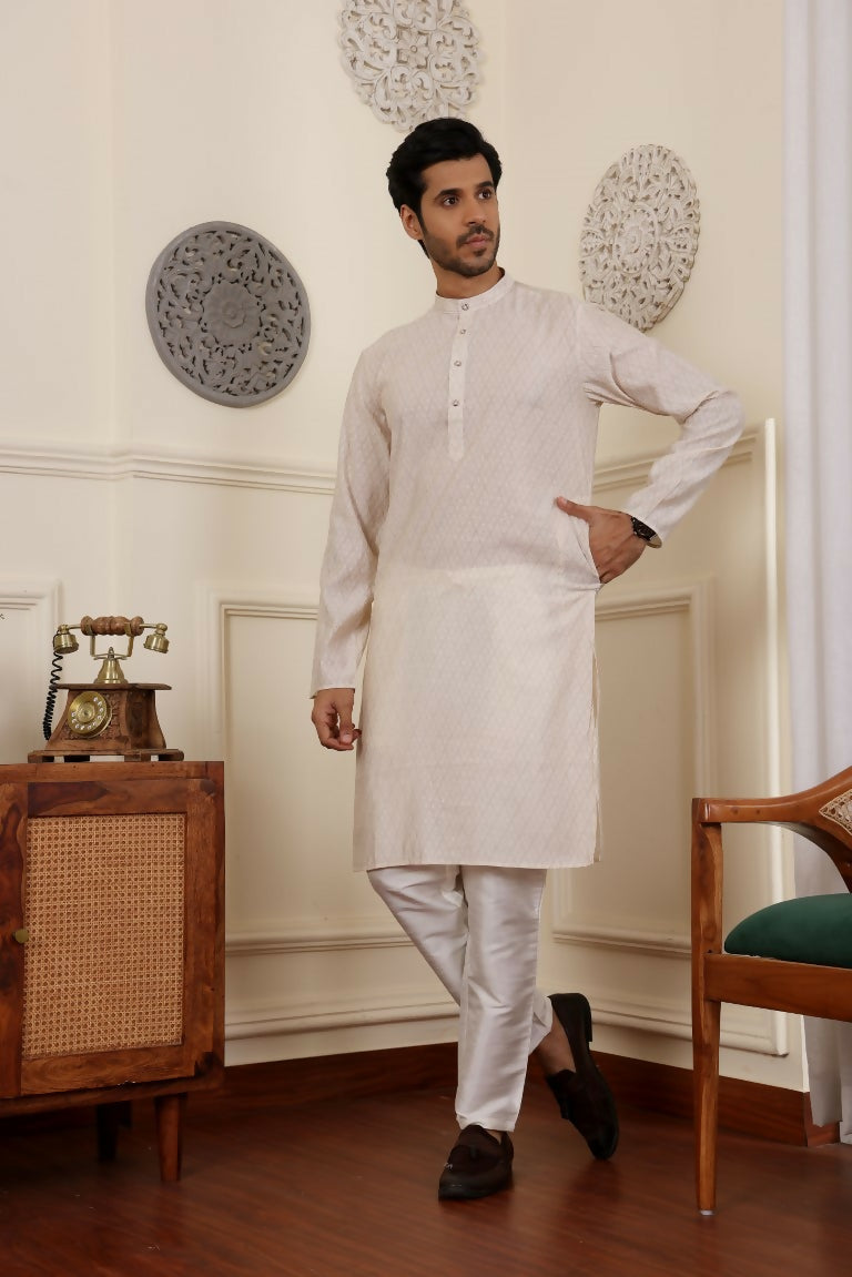 White Modal Silk Woven Designer Men's Rajwadi Kurta Set - Mahotsav | Grocsy