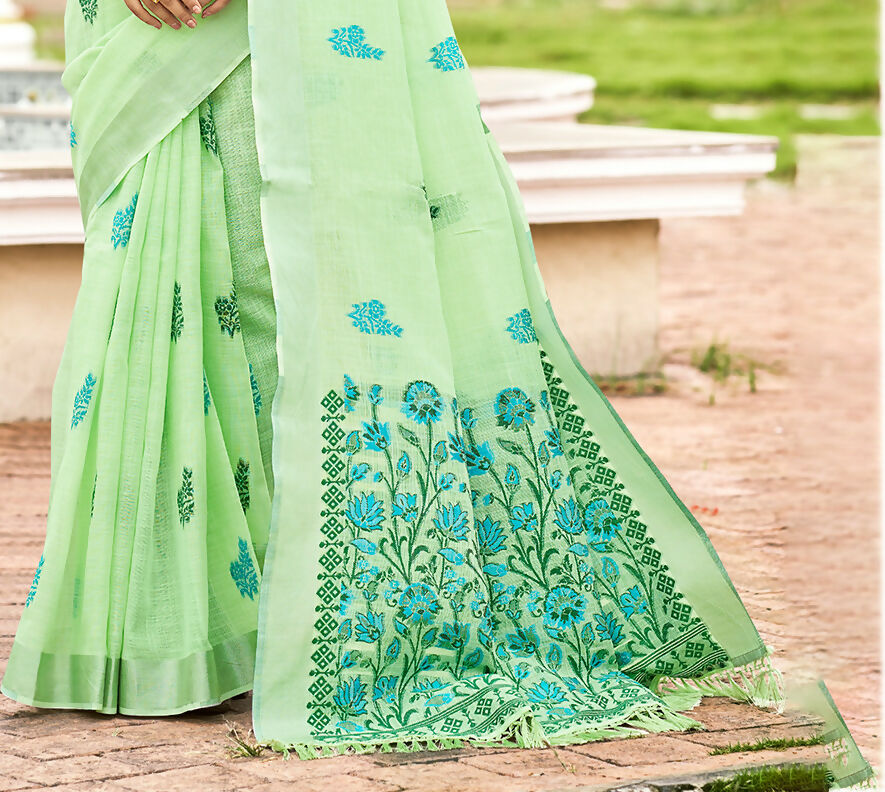 Sangam Prints Parrot Green Linen Woven Work Traditional Saree | Grocsy
