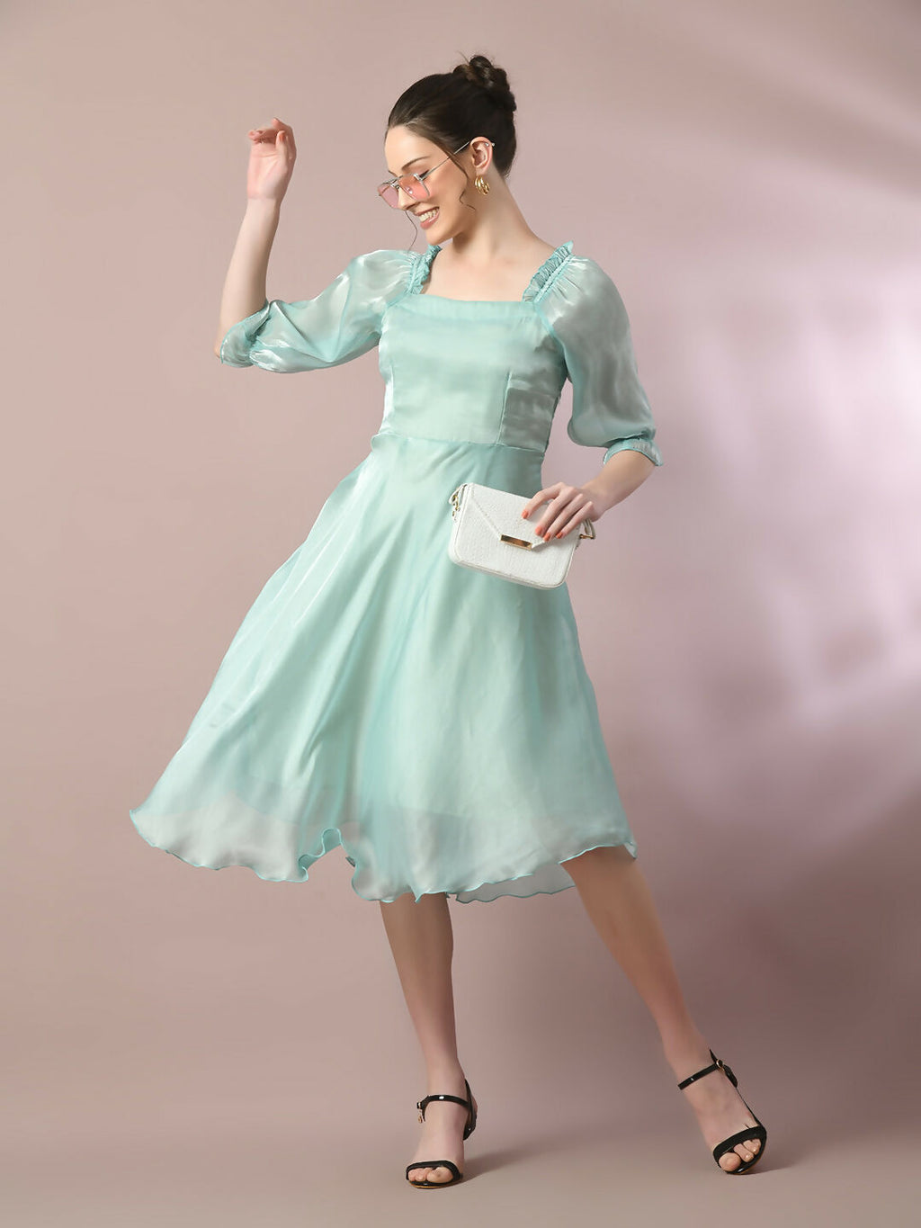 Myshka Women's Sea Green Solid Square Neck Fit and Flare Party Dress | Grocsy