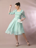 Myshka Women's Sea Green Solid Square Neck Fit and Flare Party Dress | Grocsy