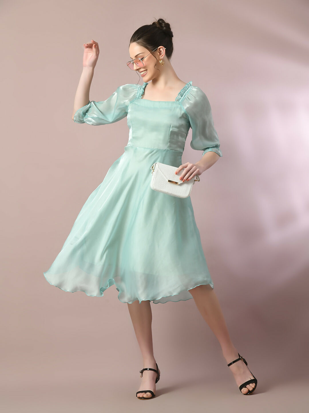 Myshka Women's Sea Green Solid Square Neck Fit and Flare Party Dress | Grocsy