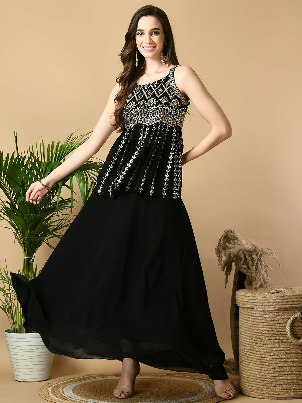 Myshka Women's Black Georgette Top With Skirt Party Sets | Grocsy