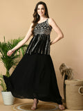 Myshka Women's Black Georgette Top With Skirt Party Sets | Grocsy