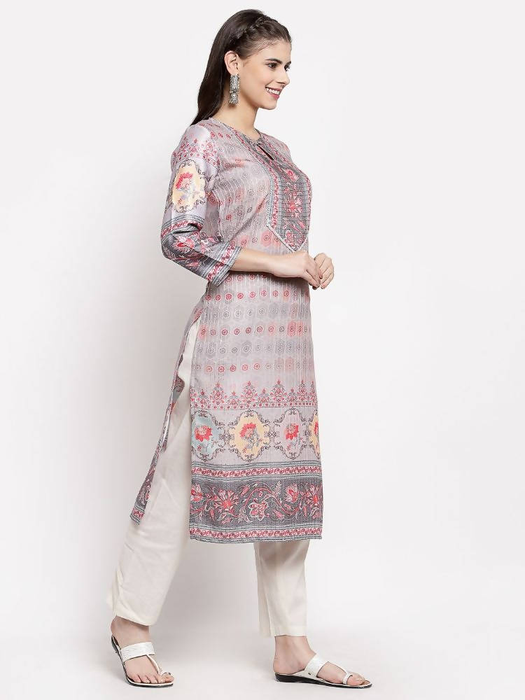 Myshka Women's Beautiful Multi Cotton Printed 3/4 Sleeve Round Neck Casual Kurta | Grocsy