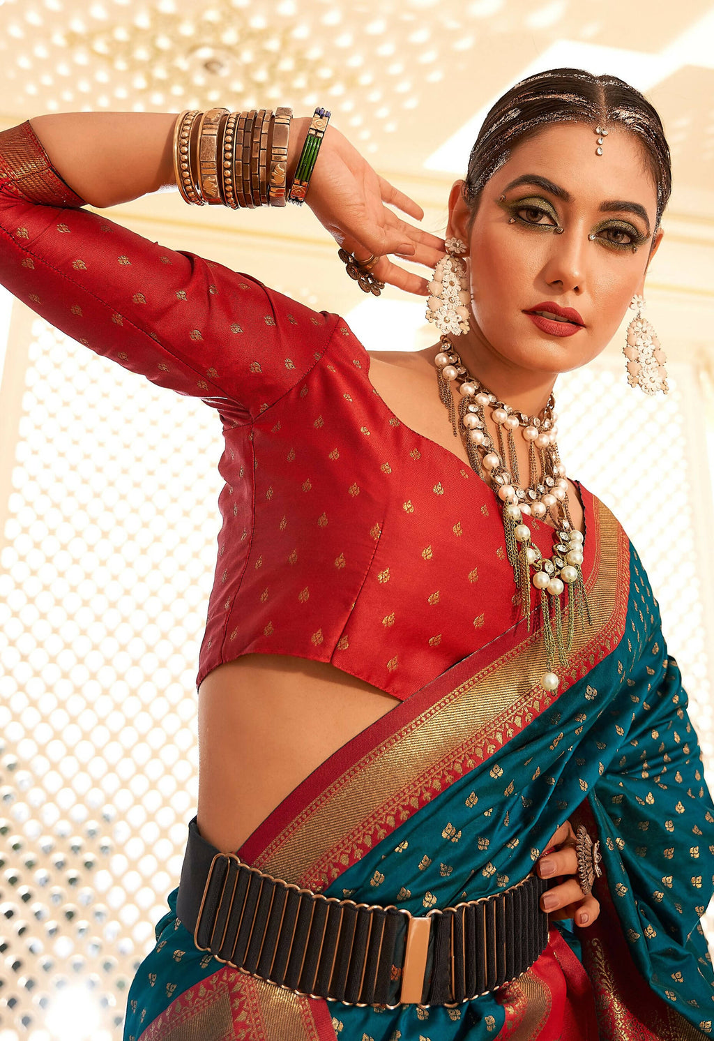 Teal Soft Banarasi Paithani Copper Zari Weaving Saree With Unstitched Blouse Piece - Jodha | Grocsy