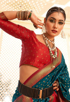 Teal Soft Banarasi Paithani Copper Zari Weaving Saree With Unstitched Blouse Piece - Jodha | Grocsy