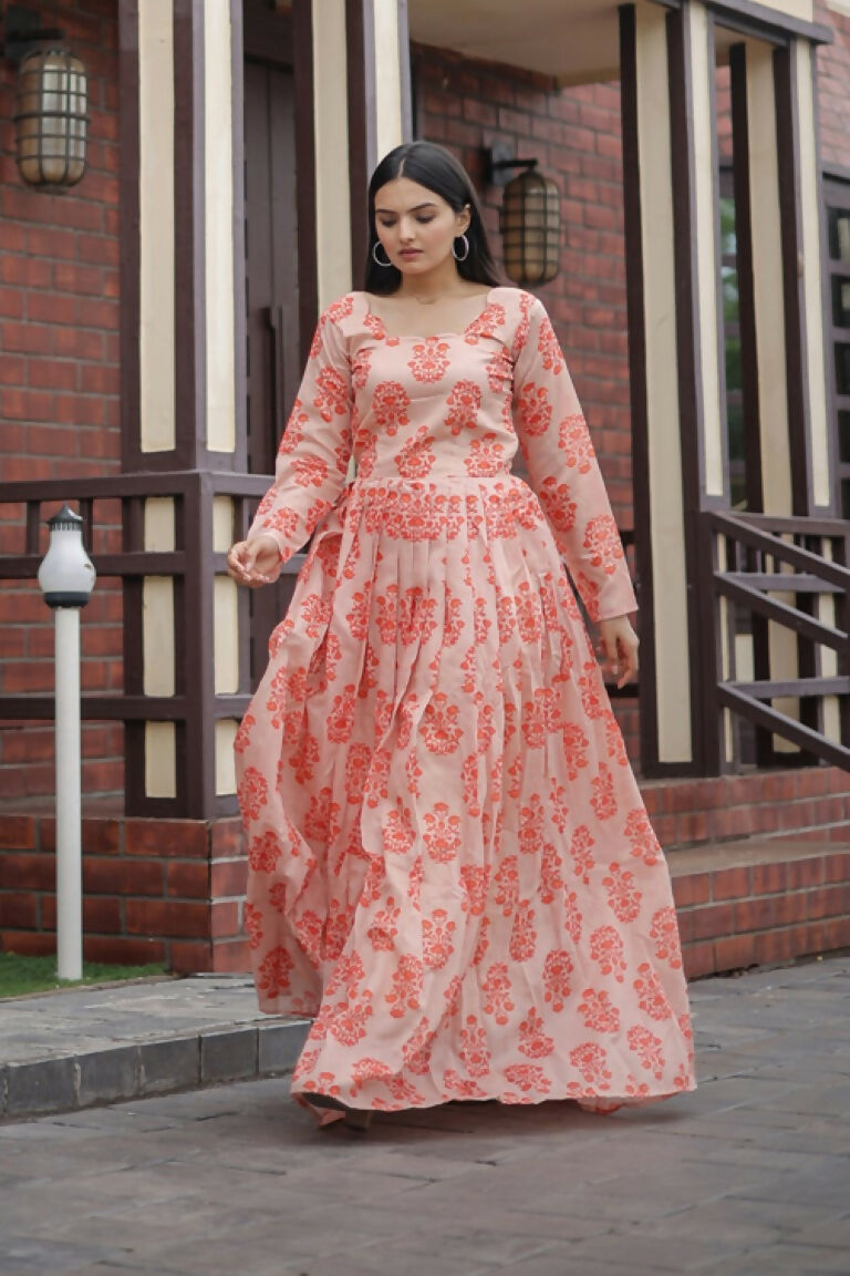 Jyoti Fashion Women's Peach Heavy Digital Printed Pure Chanderi Anarkali Dress | Grocsy