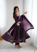 Teeya Creation Violet Color Heavy Crunchy Silk Embroidery Work Gown | Grocsy