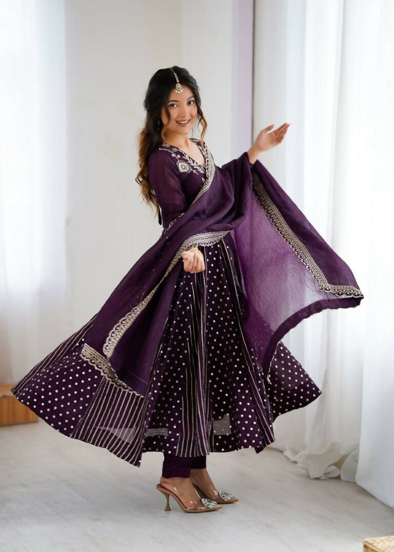 Teeya Creation Violet Color Heavy Crunchy Silk Embroidery Work Gown | Grocsy