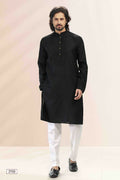 Raivat Ethnic Linen Cotton Pintux Work Kurta Pajama In Black Colour | Grocsy