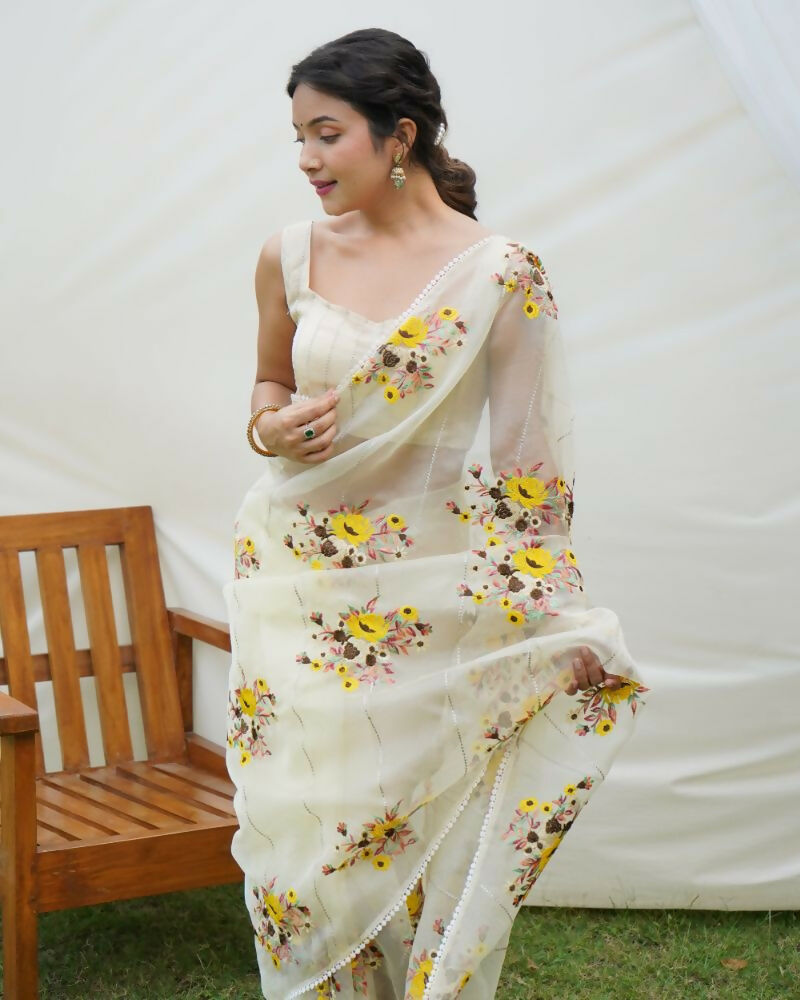 Vamsee Anamika Yellow (Anvika) Organza Silk Saree | Grocsy