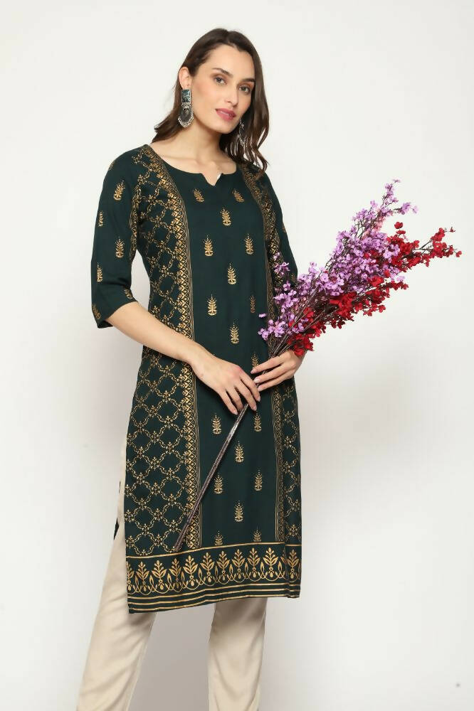 Maai Rayon Hand Printed Kurta Green | Grocsy