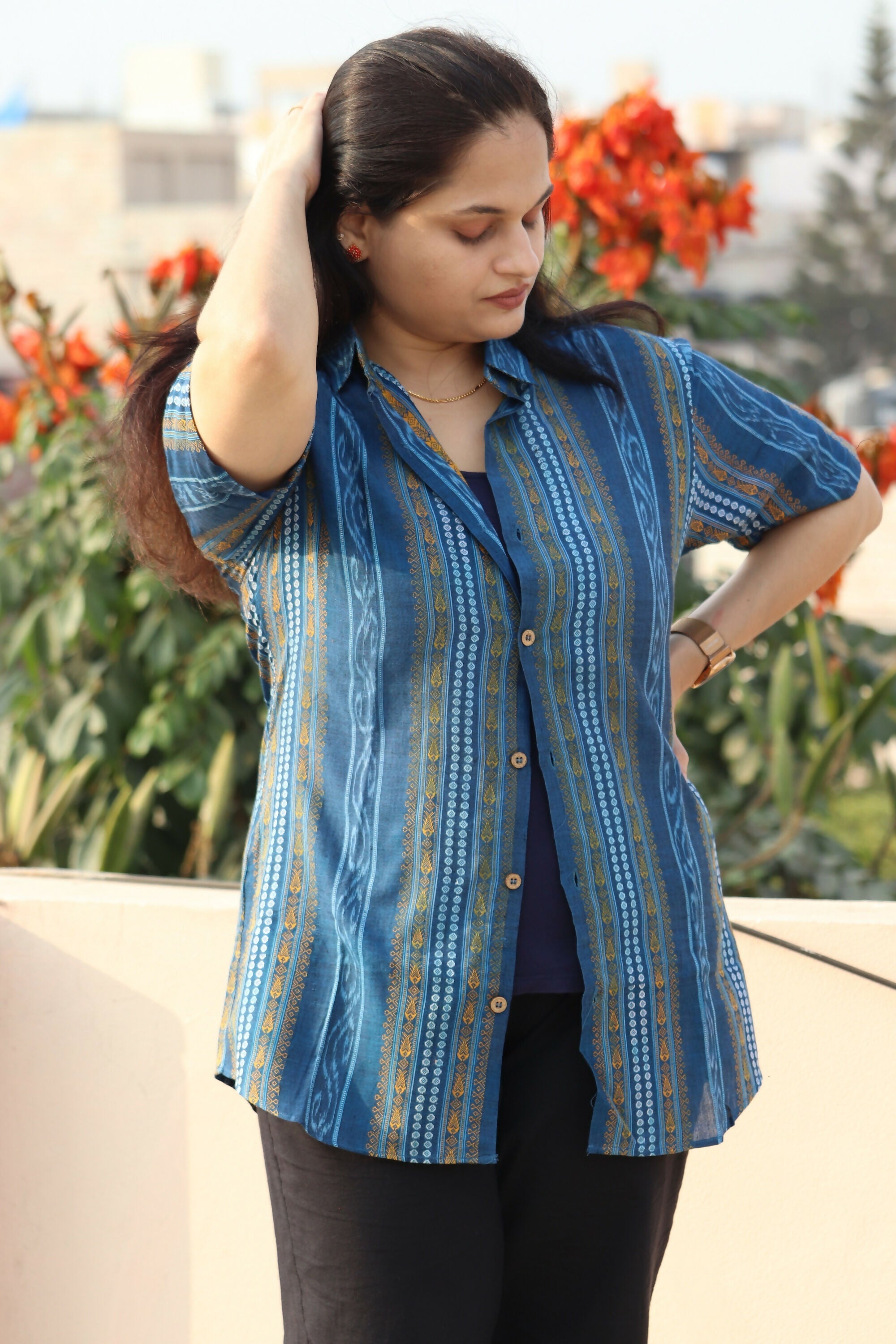 Earthyweaves Blue Striped Sambalpuri Shirt | Grocsy
