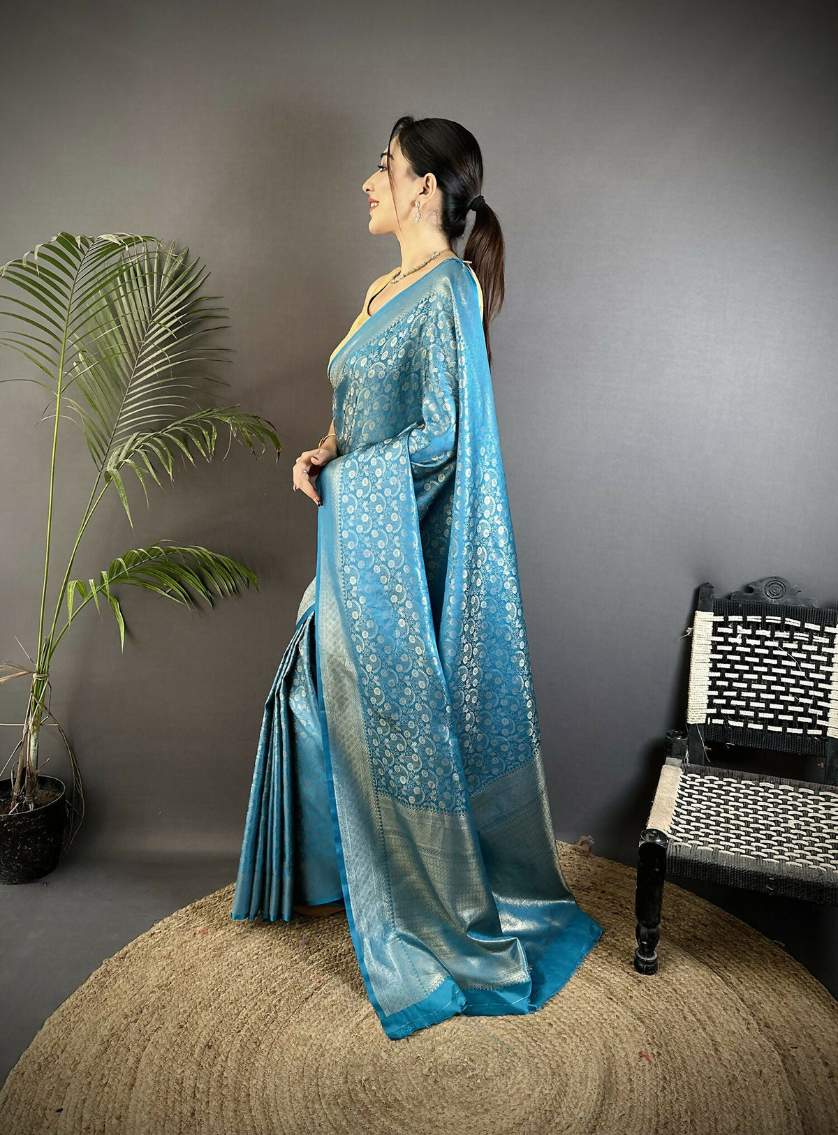 Joban Fashion Aqua Blue Floral & Paisley Motifs Soft Satin Silk Banarasi Saree | Grocsy