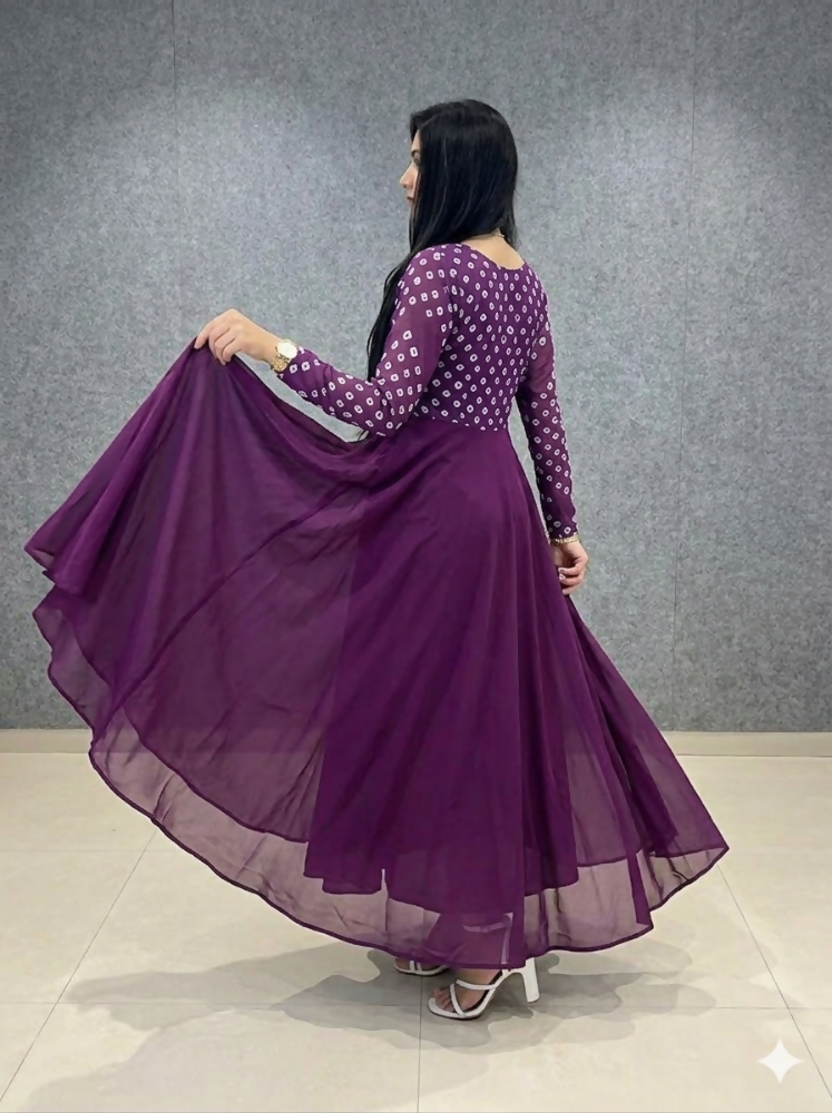 Teeya Creation Women's Wine Bandhani Print Anarkali Gown | Grocsy