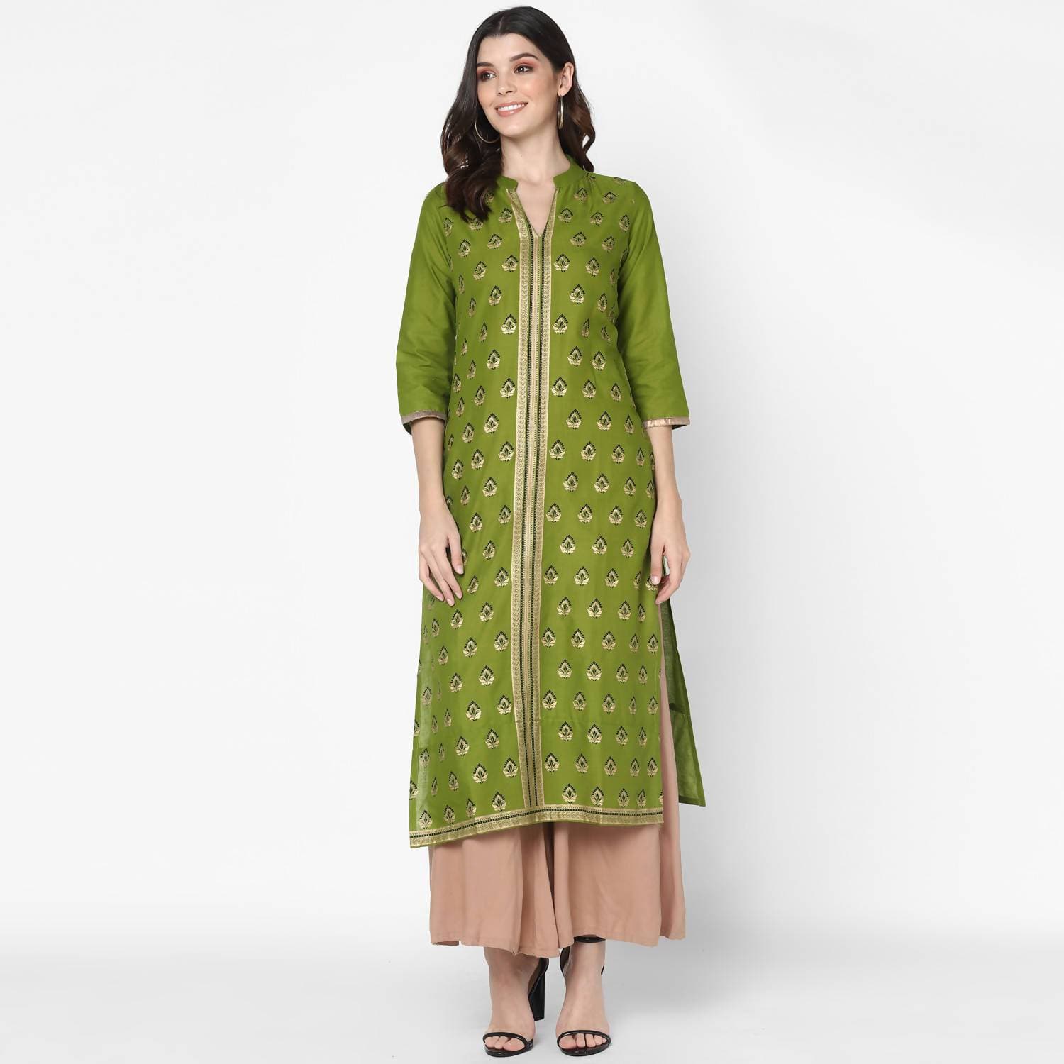 Cheera Hand Block Print Olive Green Straight Kurta (MAAI-044K) | Grocsy