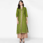 Cheera Hand Block Print Olive Green Straight Kurta (MAAI-044K) | Grocsy