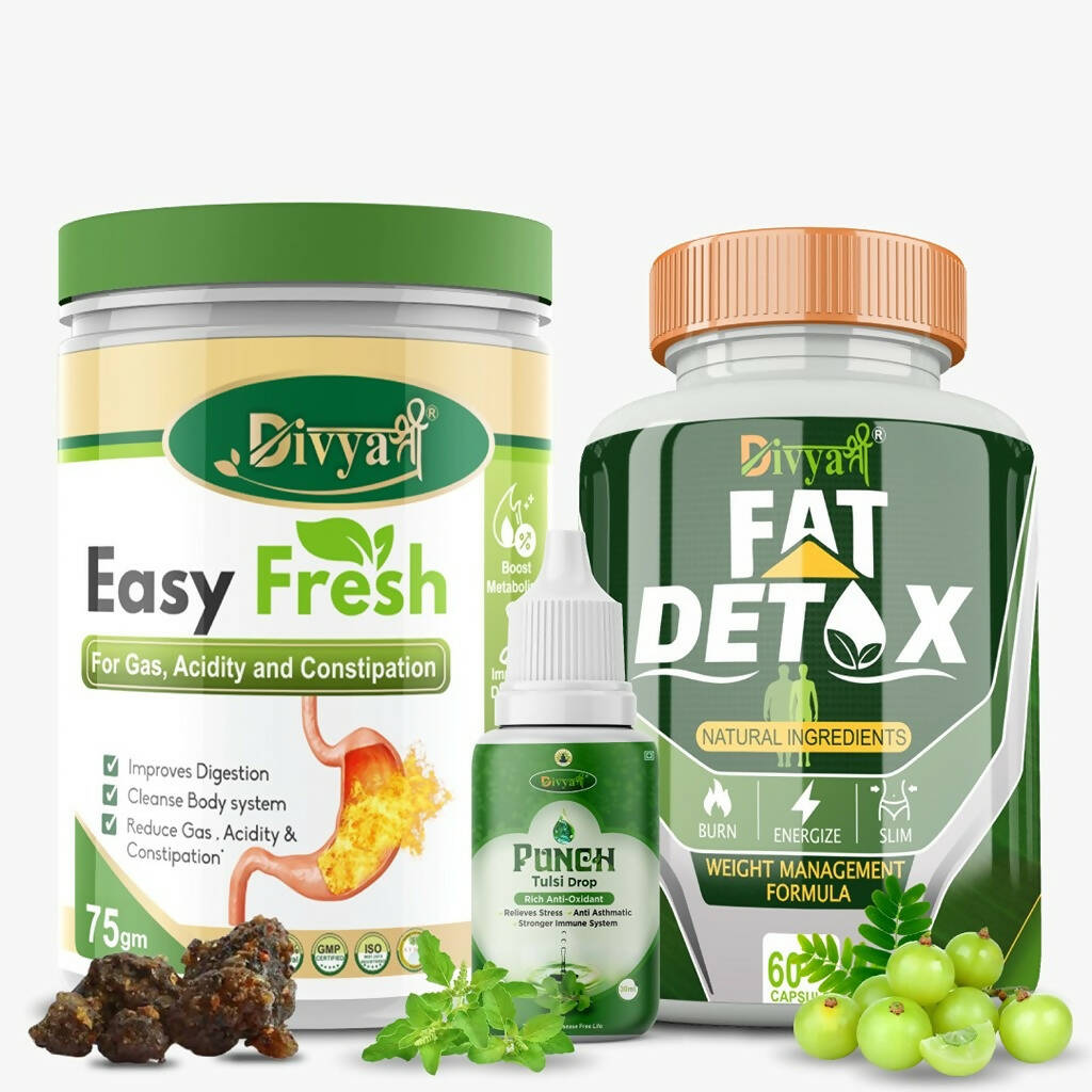 Divya Shree Fat Detox Capsule + Easy Fresh Powder & Punch Tulsi Drop Gas Combo Kit | Grocsy