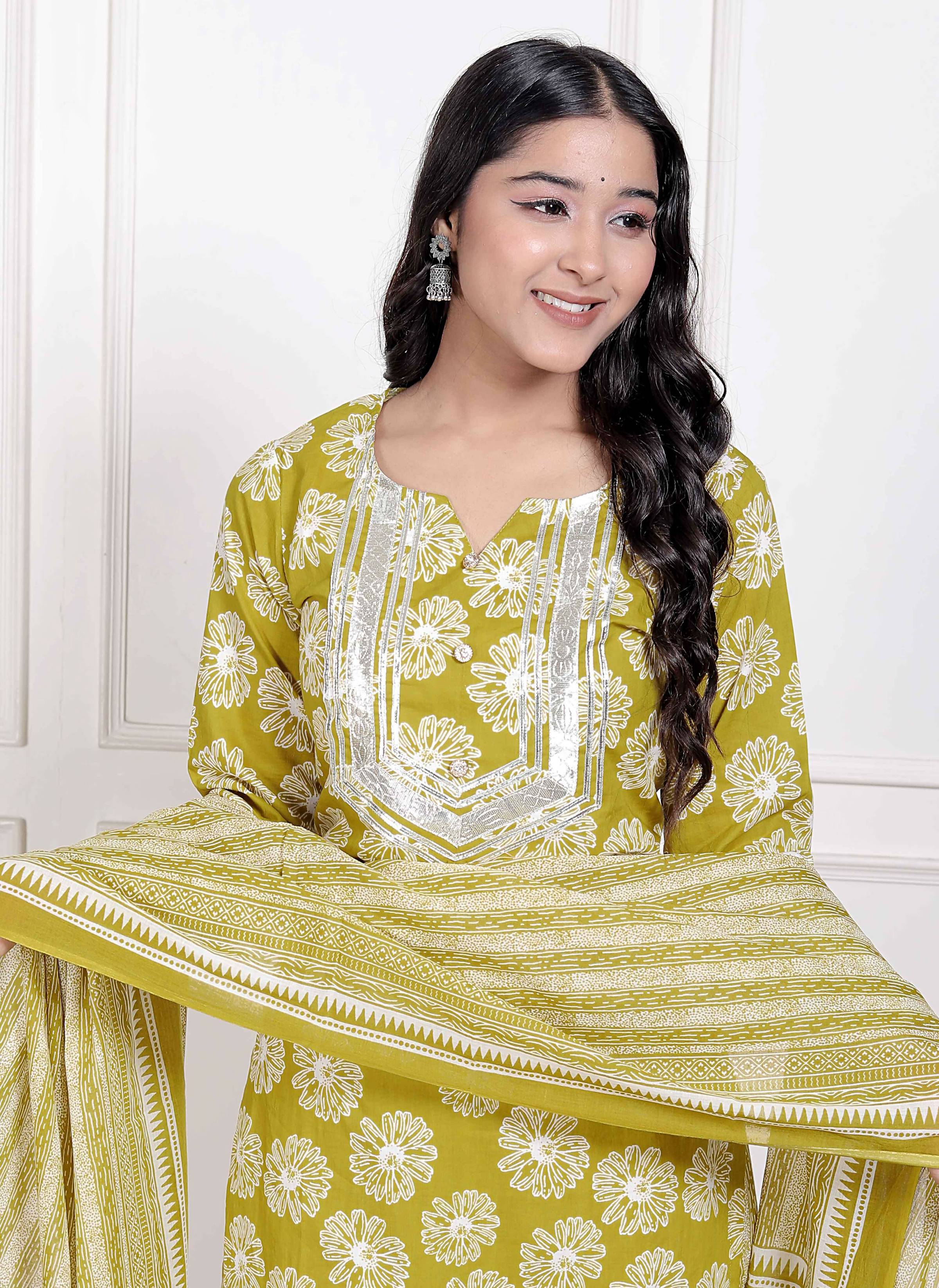 Miravan Women's Lime Yellow Embroidered Straight Kurta with Palazzo and Dupatta | Grocsy