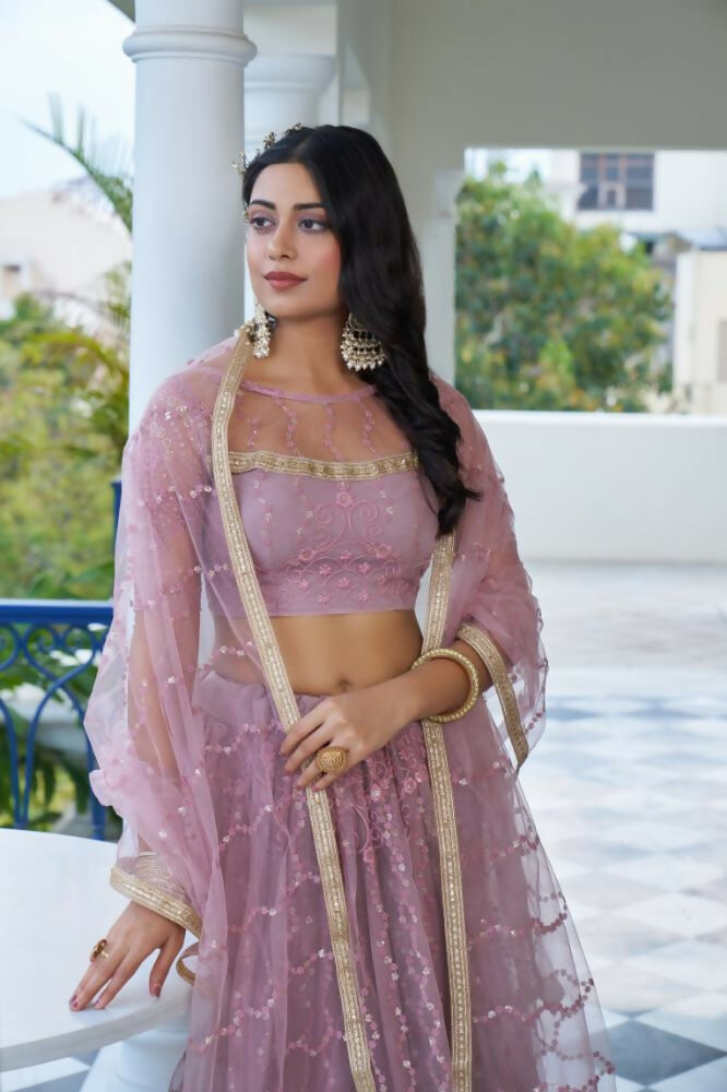 Aastha Fashion Dusty Pink Butterfly Net Tone To Tone Cotton Thread Work And Sequence Work Embroidery Wedding Wear Lehenga Choli | Grocsy