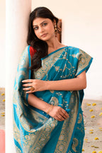 Joban Fashion Blue Banarasi Soft Pure Handloom Banarasi Silk Saree | Grocsy