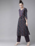 Yufta Women Navy Blue & Pink Ethnic Motifs Printed Pure Cotton Kurta with Trouser | Grocsy
