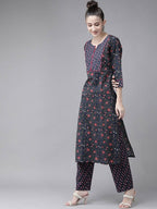 Yufta Women Navy Blue & Pink Ethnic Motifs Printed Pure Cotton Kurta with Trouser | Grocsy