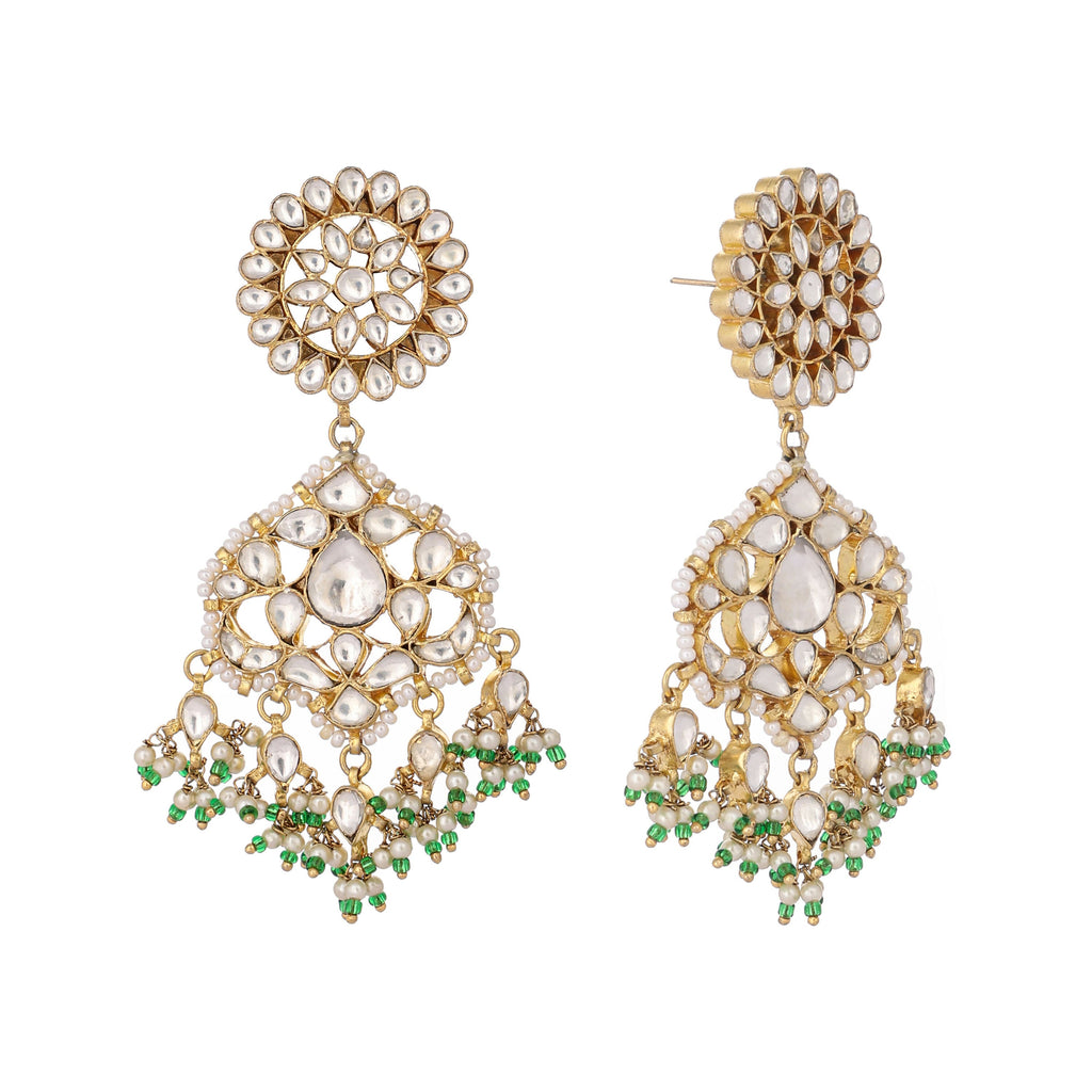 Nuyug 22K Gold Plated Traditional Kundan Studded Contemporary Dangler Earrings with Pearl and Green Bead Accents | Grocsy