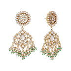 Nuyug 22K Gold Plated Traditional Kundan Studded Contemporary Dangler Earrings with Pearl and Green Bead Accents | Grocsy