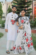Exclusive Collection Elegant Hand Printing Designe On Pure Cotton Saree And Men's Kurta - White | Grocsy