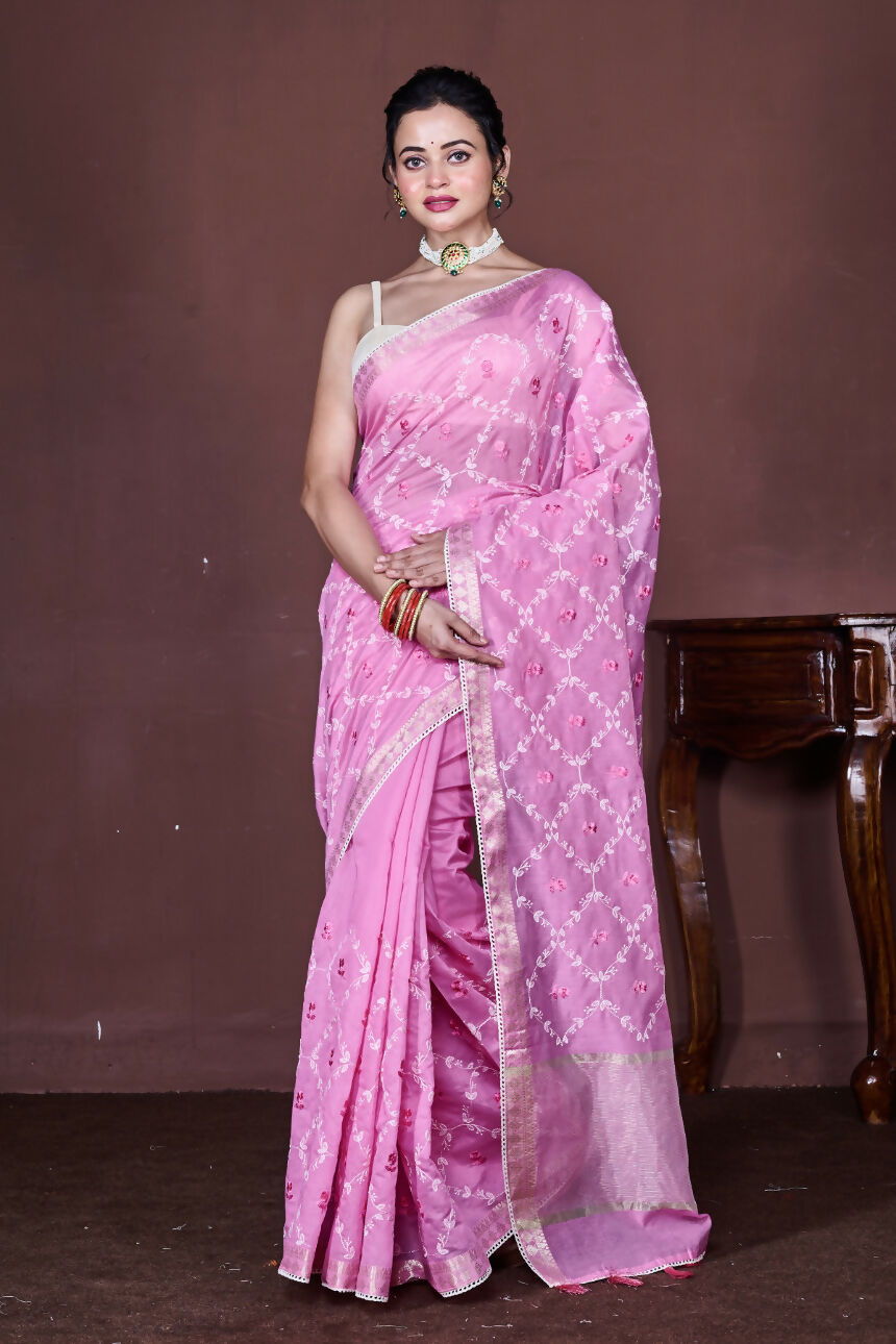Morchari Pink Cotton Chanderi Embroidery Saree Unstitched Blouse | Grocsy