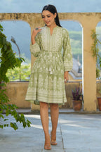 Juniper Women's Green Rayon Floral Printed Short Tiered Dress | Grocsy