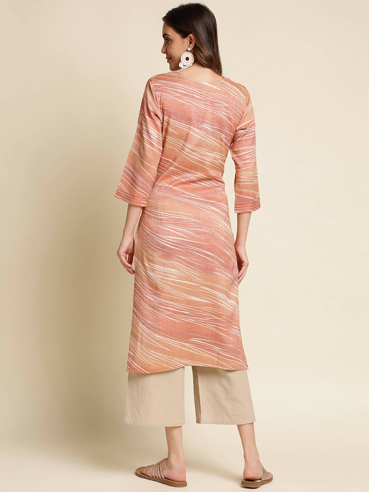 Peach Poly Rayon Stripe Printed Straight Fit Kurta - Prasuti | Grocsy