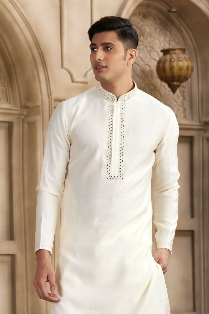 Raivat Ethnic Banarasi Art Silk Mirror Work Kurta Pajama In Cream Colour | Grocsy
