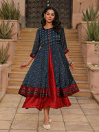 Juniper Women's The Chitrahar Blue Ethnic Motif Printed Cotton Dress With Mirror Work | Grocsy