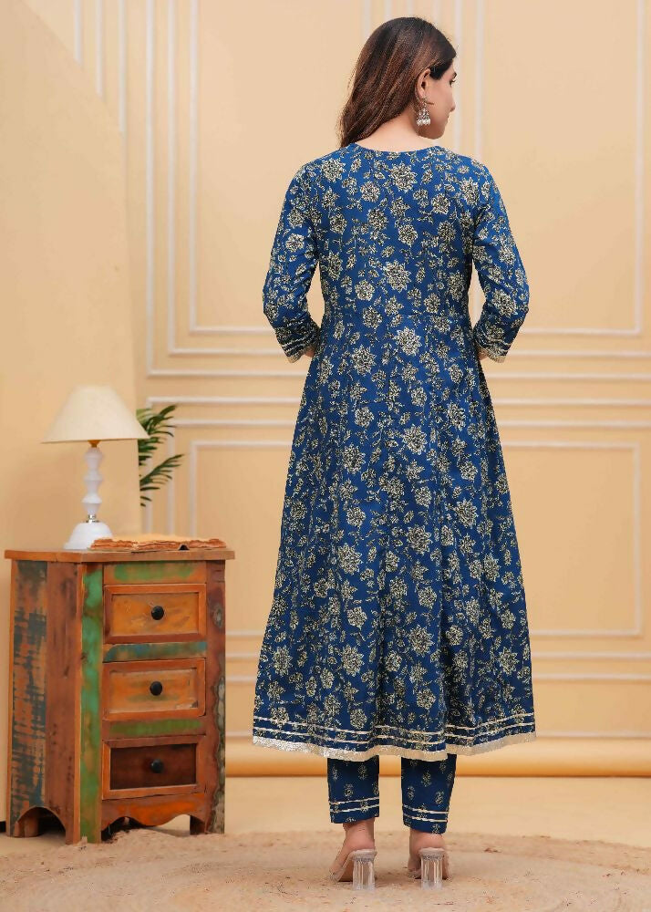 Jaimini Women Cotton Printed Round Neck Calf Length Flared Kurta Pant And Dupatta Set | Grocsy