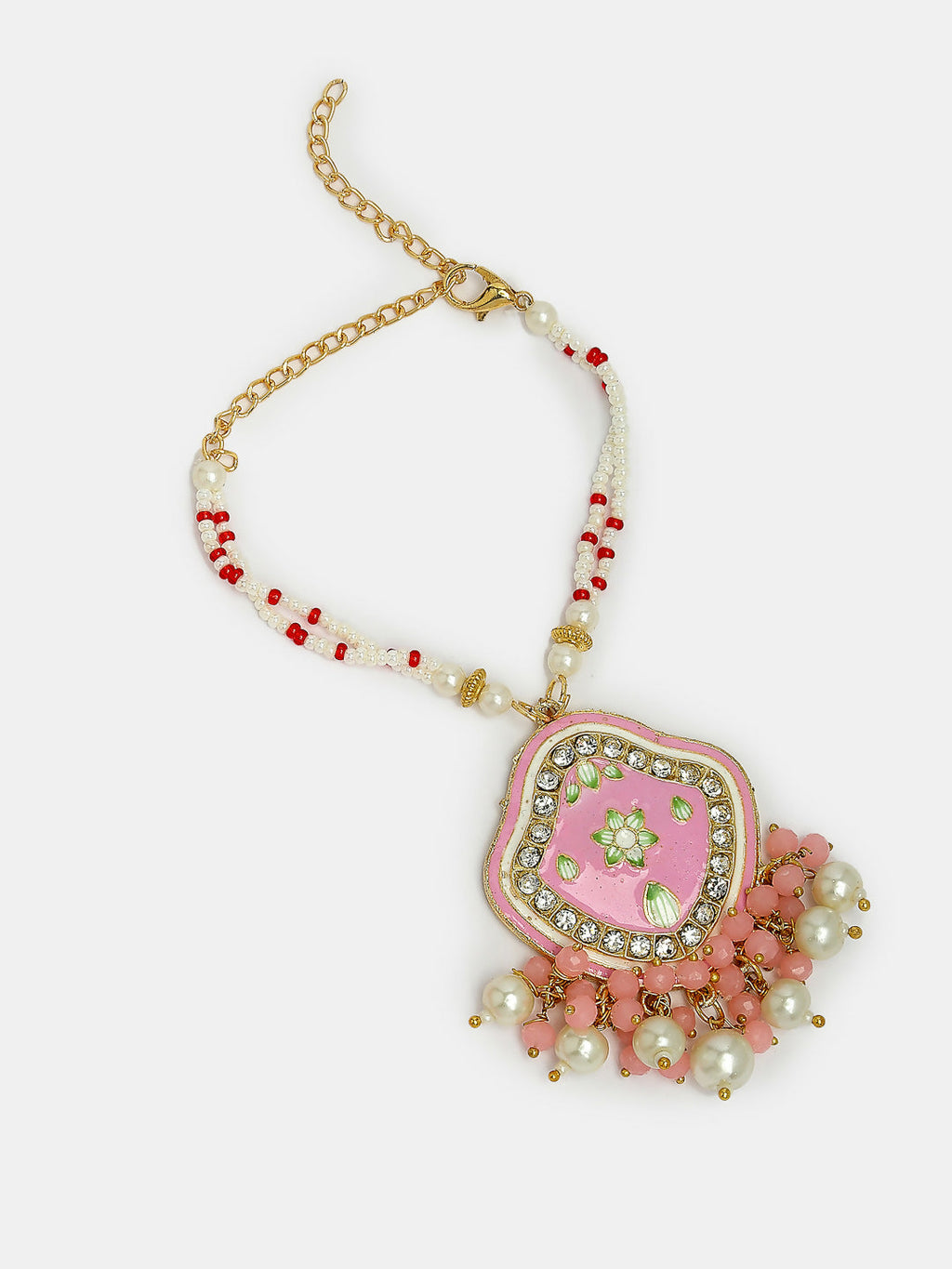 NVR Women & Men Set of 2 Pink Lotus Shape Kundan Stone-Studded & Beaded Bhaiya Bhabhi Rakhi With Roli Chawal | Grocsy