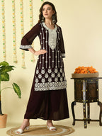 Myshka Women's Coffee Brown Georgette Kurta & Palazzos With Dupatta Party Sets | Grocsy