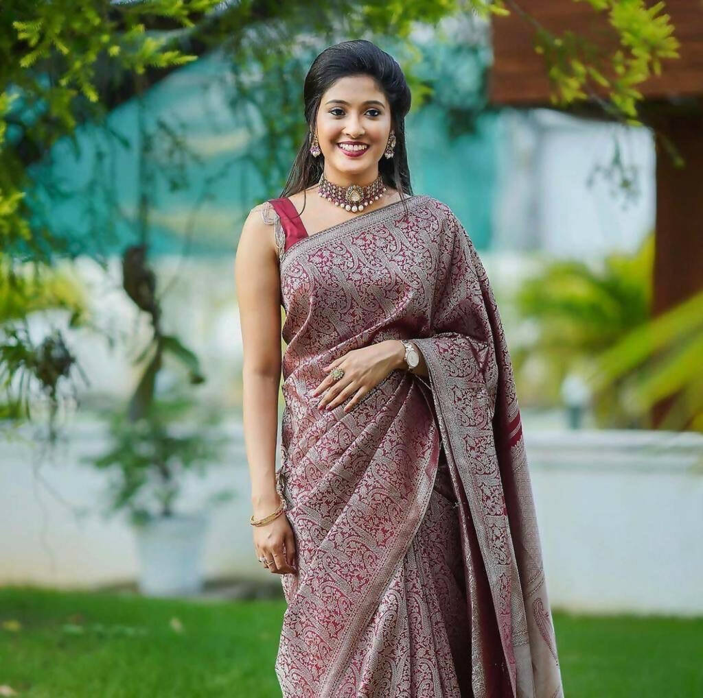 DEIANA'S Beautiful Designer Golden zari Soft Lichi Silk Saree - Wine | Grocsy
