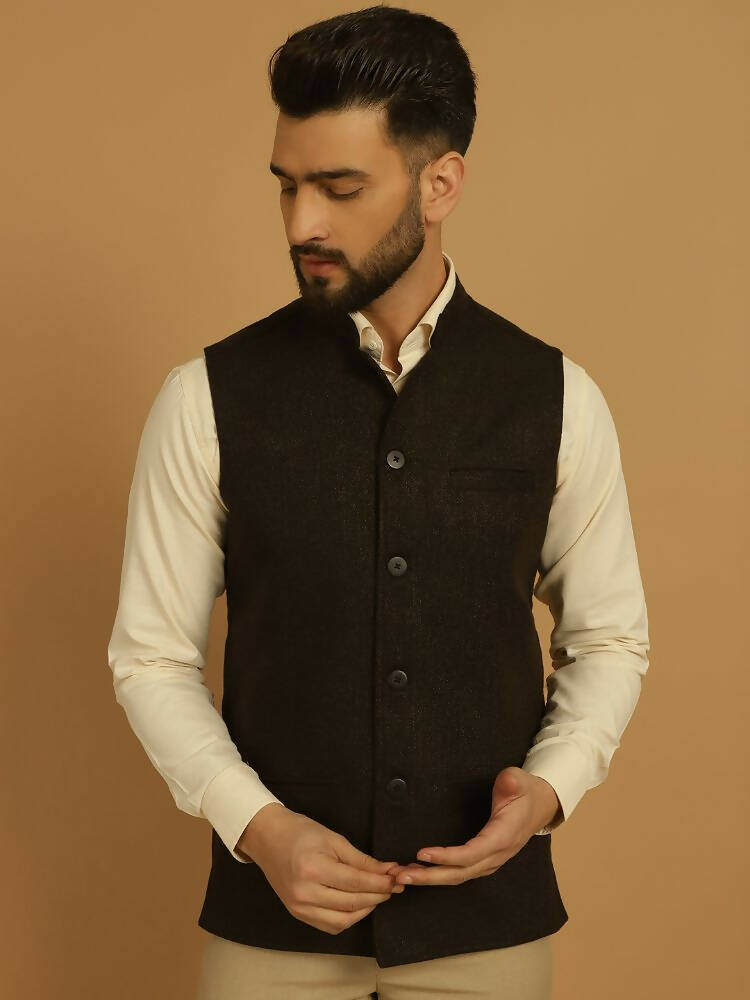 Even Apparels Nehru Jacket With Welt Pockets - Brown | Grocsy