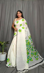 Exclusive Collection Beautiful White Light Green Pure Cotton Hand Print Handloom Saree With Running Blouse Piece | Grocsy