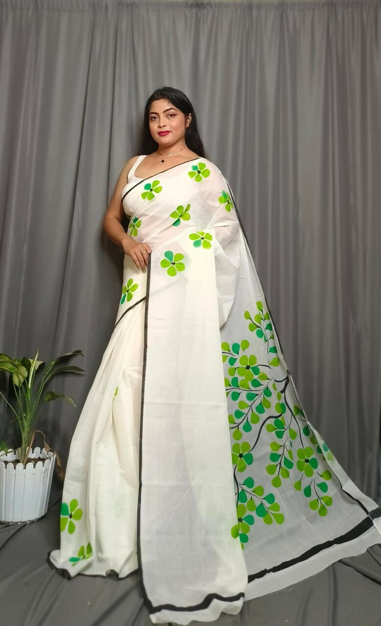 Exclusive Collection Beautiful White Light Green Pure Cotton Hand Print Handloom Saree With Running Blouse Piece | Grocsy