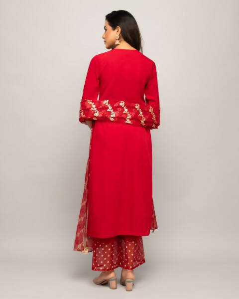 FIORRA Women's Red Creap A-Line Kurta Palazzo Set With Dupatta | Grocsy