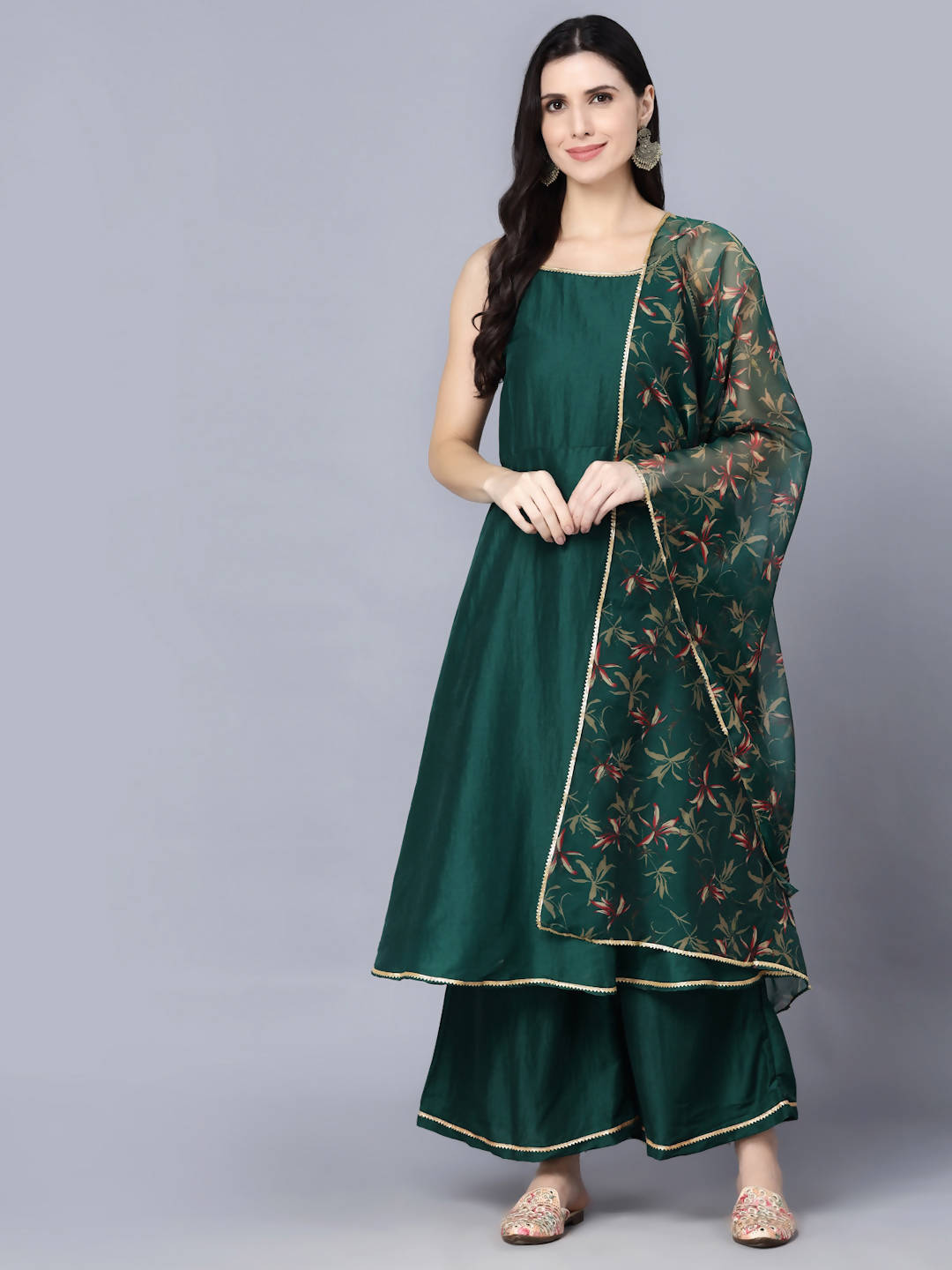 Myshka Women Green Ethnic Motifs Yoke Design Panelled Kurti with Sharara With Dupatta | Grocsy