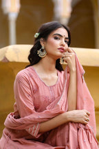 Yufta Women's Pink Tiered Embroidered Kurta with Trouser and Dupatta | Grocsy