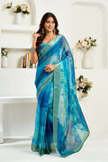 Vastranavya Aqua Blue Digital Printed Linen Ready To Wear Designer Saree with Unstitched Blouse | Grocsy