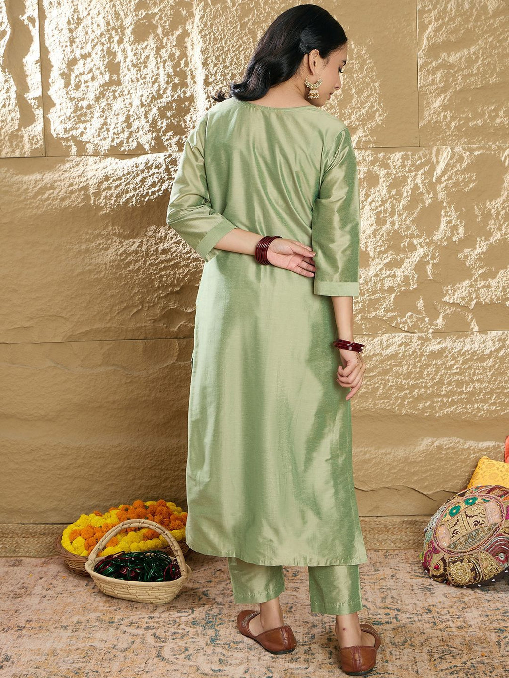 Indo Era Women Floral Embroidered Regular Thread Work Kurta with Trousers | Grocsy